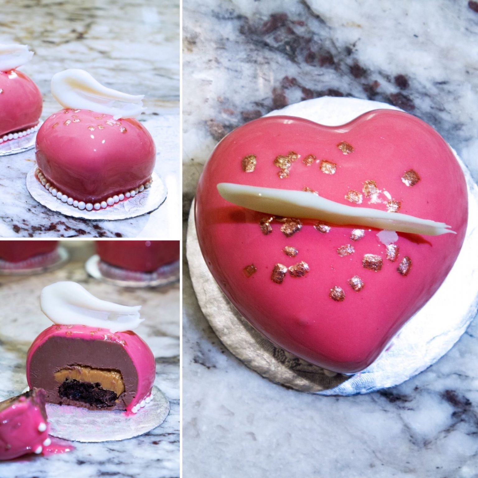 Mirror Glaze Chocolate Mousse and Caramel Cake Pink Buns